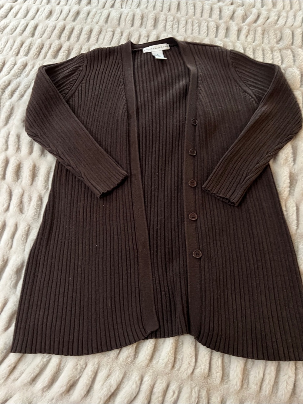 Ribbed Long Brown Button-Front Cardigan